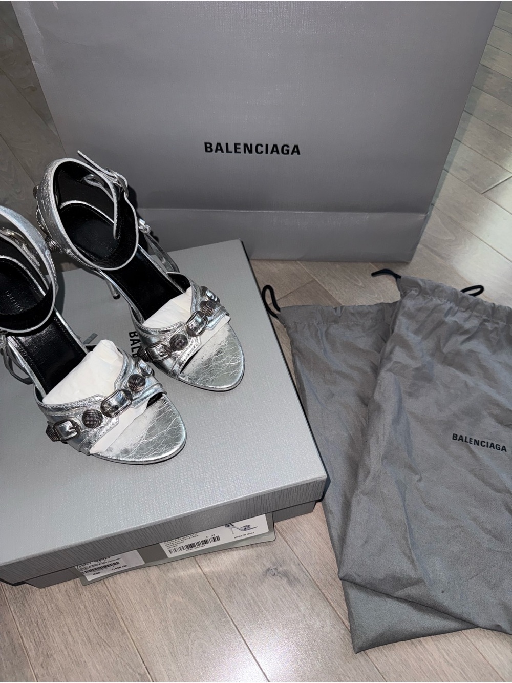 Balenciaga Cagole H110 Metallic Silver Sandals Size 37